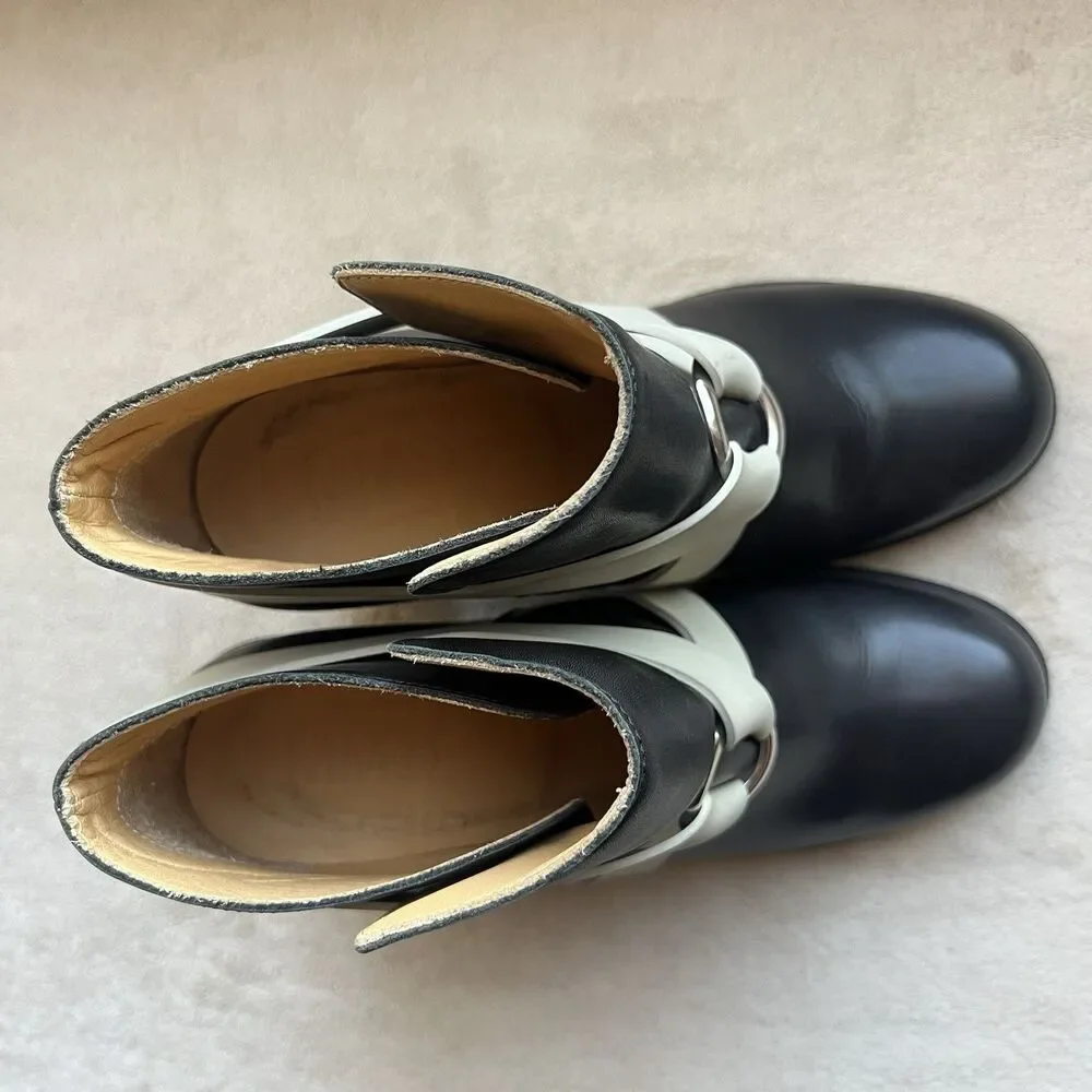 Maison Martin Margiela MM6 Black Leather w/ Cream Strap Ankle Booties EU 38 US 7